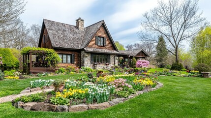 Obraz premium Charming cottage surrounded by vibrant flower garden in spring season with colorful blooms, lush greenery, and serene outdoor landscape inviting peaceful retreat.
