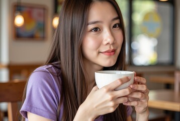 Photograph of a young Asian woman with long brown hair, wearing a purple shirt, holding a cup in a cafe