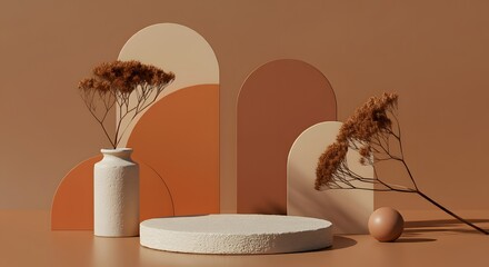 A nature landscape in abstract form For skin care, makeup, perfume, and beauty product branding, a beige brown background with a stone podium composition and dry flowers is used.