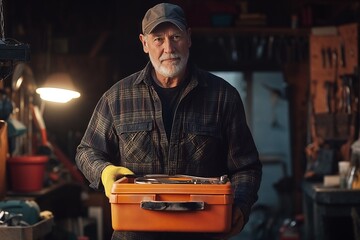 Elderly handyman holding toolbox in workshop