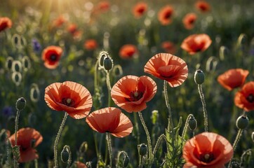 Fototapeta premium Red poppies in the fields in the sunlight.