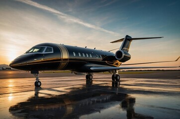 The business Jet plane is parked at the airport.Luxury class.