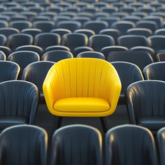 Obraz premium A Single Vibrant Yellow Chair Amongst Rows of Black Seating in a Modern Auditorium, Highlighting Individuality and Contrast in Design and Space