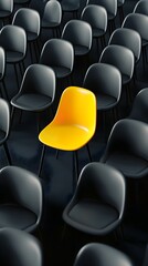 Obraz premium A Bright Yellow Chair Stands Out in a Sea of Black Chairs, Symbolizing Individuality and Choice in Modern Design and Minimalistic Settings