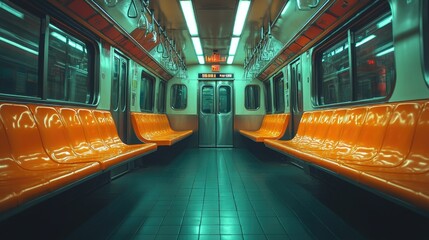 A deserted subway train interior with bright orange seats and fluorescent lighting.