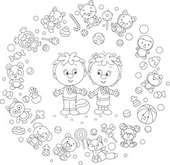 Happy little boy and girl surrounded by funny toys, black and white outline vector cartoon illustration for a coloring book