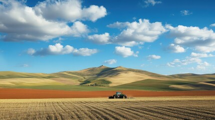 Fototapeta premium Scenic Agricultural Landscape Featuring a Green Tractor in a Vast Field Under a Bright Blue Sky with White Clouds and Gently Rolling Hills in the Background