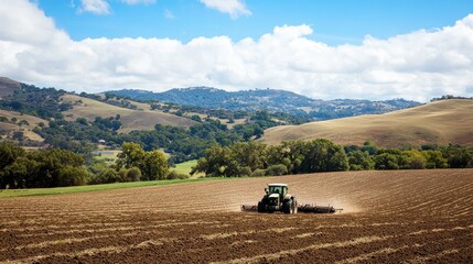 Naklejka premium Agricultural Tractor Working on a Green Field Surrounded by Rolling Hills Under a Bright Blue Sky with Fluffy White Clouds