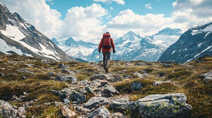 Obraz premium Adventurous Hiker Journeying Through Majestic Mountain Landscape Surrounded By Snow-Capped Peaks Under Clear Blue Sky and Fluffy Clouds