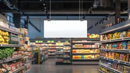 A blank hanging banner inside a shop or supermarket for advertising mockups