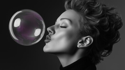 Caucasian woman blowing bubble with retro hairstyle in black and white