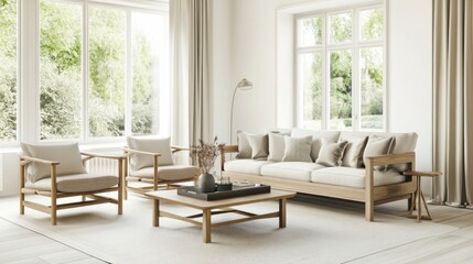 Light Beige Living Room With Wooden Furniture And Large Windows