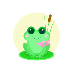 Cute and happy frog with reed. Vector illustration for child, girls.