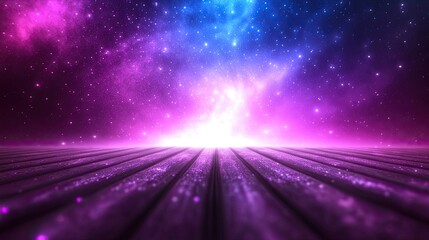Ethereal Cosmic Landscape with Vibrant Purple and Blue Stars set Against a Dark, Infinite Space Above a Wooden Surface Evoking Depth and Wonder