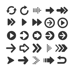 Set of black arrow icons. Various packaging symbols. Motion pointers. Site and player control buttons. Flat style logos. Information pointers. Wayfinding directions. Modern simple vector arrows.