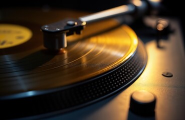 Turntable arm rotates golden vinyl record. Macro view of audio tech. Vintage music equipment. Retro...