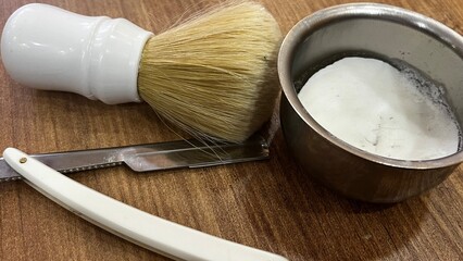 old beard shaving equipment, brush, foam, scalpel