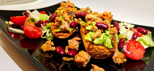 Sweet potato, turkey, vegetables, plate, healthy, beans, dinner