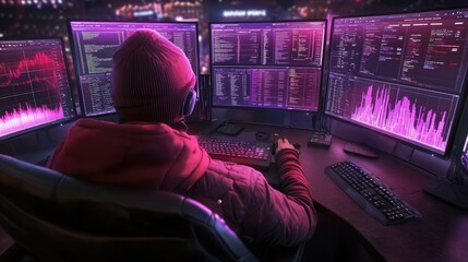 Cybersecurity Expert Working on Multiple Monitors Analyzing Data and Code in a Dark Environment with Neon Lights for a Futuristic Tech Vibe