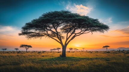 Obraz premium African Savanna Sunrise Silhouette Of Acacia Tree