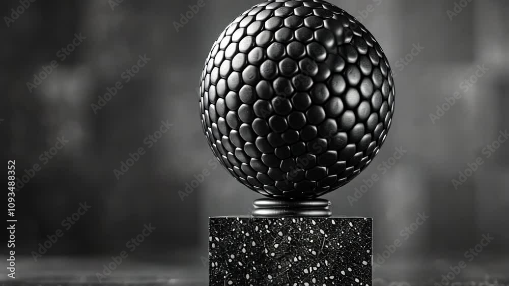 Poster a striking black sphere with a unique, textured surface stands on a square pedestal.