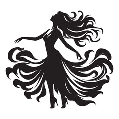  Woman dancing in a flowing dress silhouette vector art black color design and solid white background 
