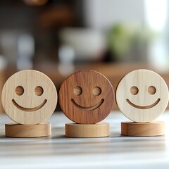 Wooden label featuring happy, normal, and sad face icons, symbolizing emotional expression and mood tracking in a creative, rustic design that combines simplicity with visual clarity.