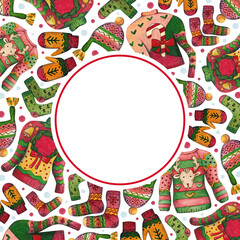 Fototapeta premium Ugly Christmas sweaters, hat, socks and mittens in a round frame Watercolor illustration with place for text