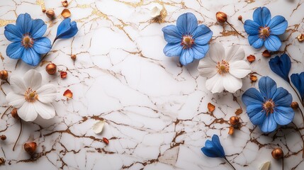 A serene arrangement of blue and white flowers on a marble surface, creating a calming aesthetic.