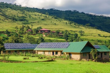 Obraz premium Sustainable Energy: Solar Panel Installation on Rural Lodge in Scenic Landscape