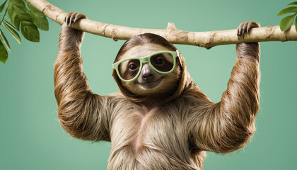 A laid-back sloth hanging from a branch, wearing oversized square sunglasses.