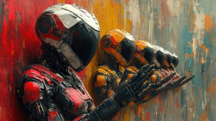 Obraz premium A futuristic depiction of humanoid robots against a textured backdrop, exploring technology and identity.