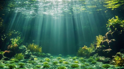 Fototapeta premium Sunbeams illuminate underwater scene with green plants and rocks.