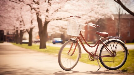 Fototapeta premium Red Bicycle Parked Under Blossoming Cherry Trees