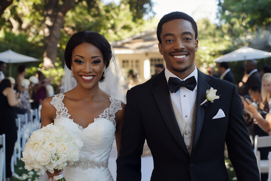 Young African-American couple walking down the aisle in outdoor garden wedding venue - Powered by Adobe