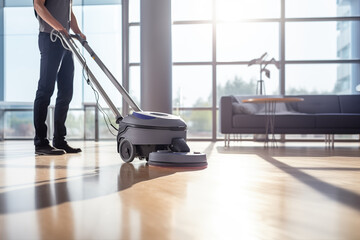 Fototapeta premium Person operates floor scrubber to clean hardwood floors in stylish living room. Sunlight floods in through large windows, highlighting neat space.