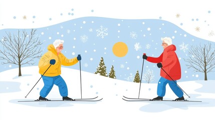 Skiing adventure for seniors snowy landscape illustrative art winter wonderland cheerful viewpoint