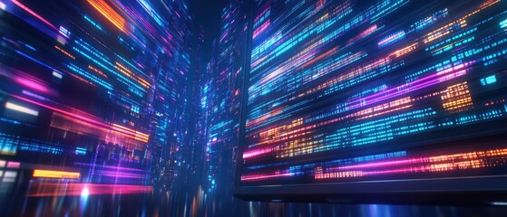Abstract representation of futuristic technology showcasing vibrant neon lights amidst a digital cityscape with dynamic movement and a stunning visual depth