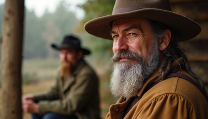 Obraz premium Rugged Cowboys with Determined Expression Sitting on Porch against Misty Landscape