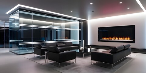 A high-end living room with a large built-in aquarium that spans an entire wall, surrounded by sleek black leather furniture and minimalist decor,Modern interior design of an office