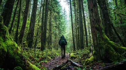 Obraz premium A solo hiker exploring a serene and lush forest path surrounded by towering trees, ferns, and vibrant moss in a tranquil natural environment