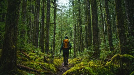 Obraz premium Exploring Tranquil Forest Trails: A Solo Hiker Amidst Lush Greenery and Towering Trees in a Serene Natural Landscape