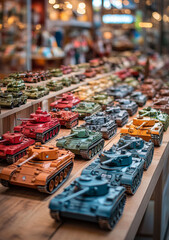 Obraz premium Several toy tanks, soldiers and military cars, vivid colors