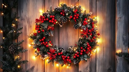Festive Christmas Wreath with Lights on Rustic Wooden Door