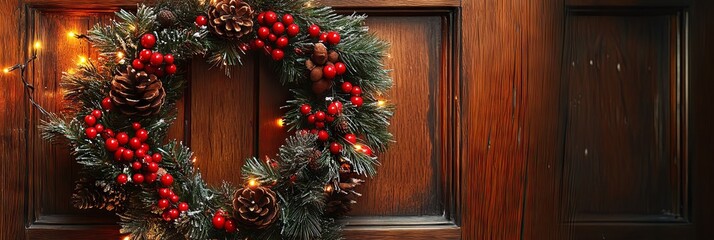 Christmas Wreath with Red Berries and Pine Cones on Wooden Door