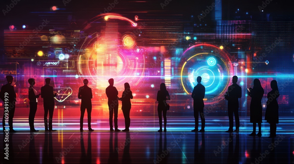 Aufkleber Silhouetted Figures Observe Vibrant Digital Data Display