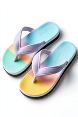 Colorful flip-flops are displayed on a white background, ideal for summer fashion concepts, beachwear promotions, or footwear advertisements, Perfect for lifestyle blogs or retail marketing,