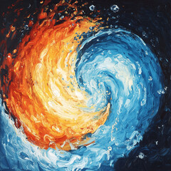 Fiery and watery swirl in expressive abstract oil painting
