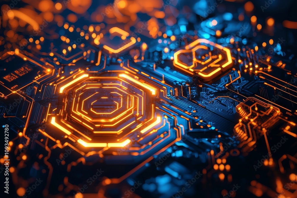Wall mural image of abstract hexagon pattern with glowing lights