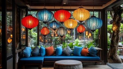 Colorful lanterns illuminate a cozy seating area with blue sofa and pillows.